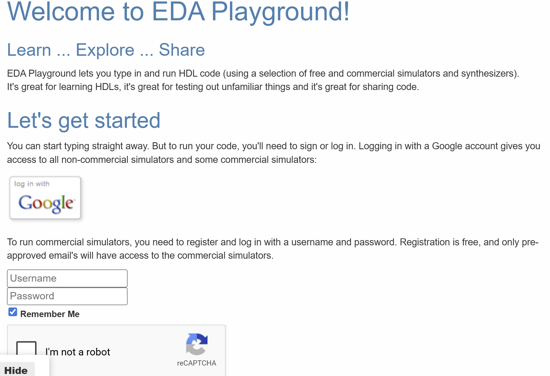 EDA Playground sign-in page showing the Google sign-in and email registration options