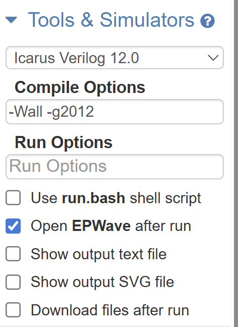 EDA Playground simulator configuration row showing Icarus Verilog selected and the Open EPWave after run checkbox ticked