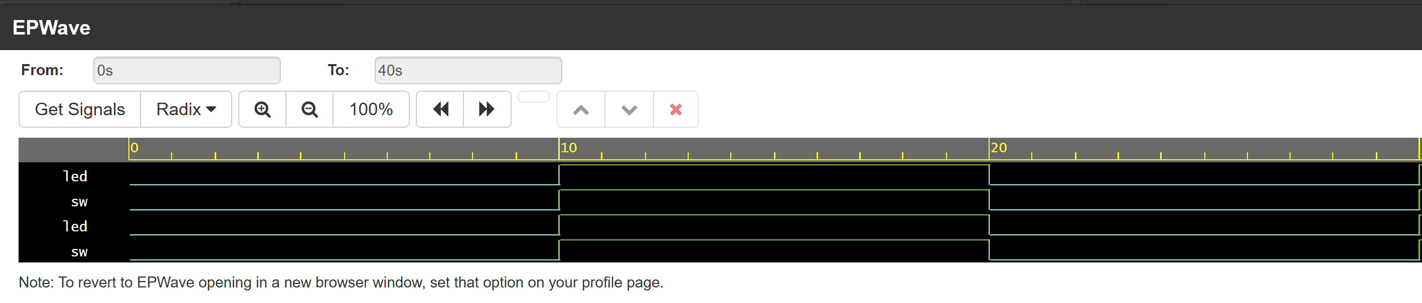 EPwave waveform viewer showing the scope panel on the left with available signals and the empty waveform area on the right